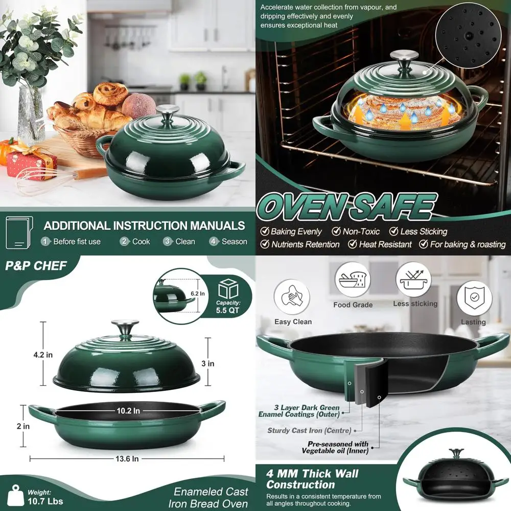 

Эмалированная чугунная голландская духовка емкостью 5,5 литра для выпечки хлеба на закваске, легко очищаемая и равномерная распределение тепла, темно-зеленый