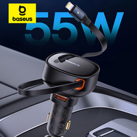 Baseus 2-in-1 Car Charger Fast Charging 30W Quick Charging PD 25W USB C Built-in Retractable Cable for iPhone MacBook Xiaomi