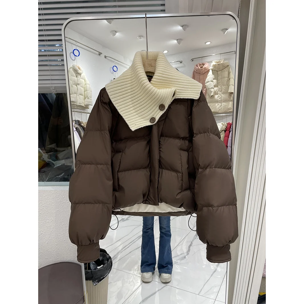 Short Down Jacket Women Clothing Winter Coat Knitted High Neck Collar Splicing Loose Solid Color Thick Quilted Coats Women Tops