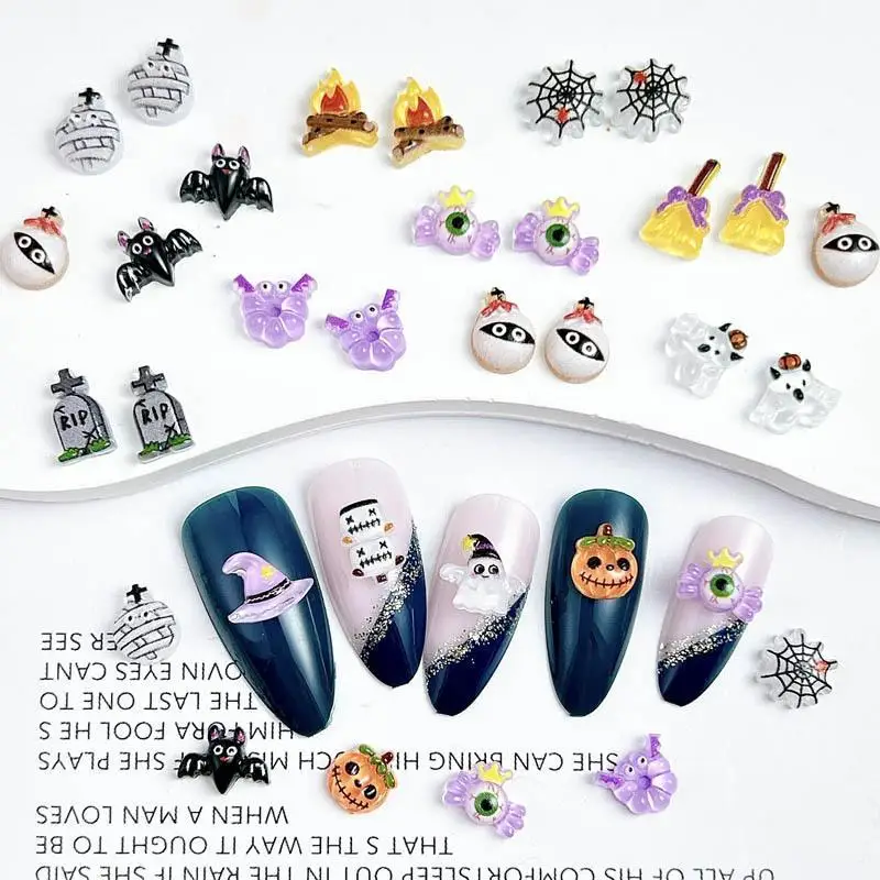 50PCS Cartoon Halloween Series Nail Charms Cute Angel Ghost Bat Funny Pumpkin Monster Festival Nail Art Decorations DIY Manicure