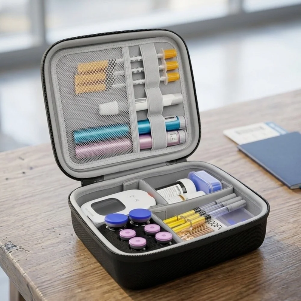 Diabetes Travel Bag with Adjustable Compartments for Insulin Pens Test Strips Glucose Meter Compact 22x17x8.5cm EVA Construction