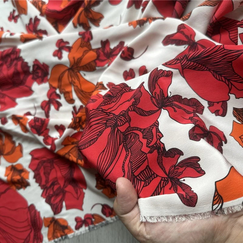 1 meter 100% Mulberry Silk 19 momme Crepe Silk Fabric Big Red Floral Printed 138cm 54