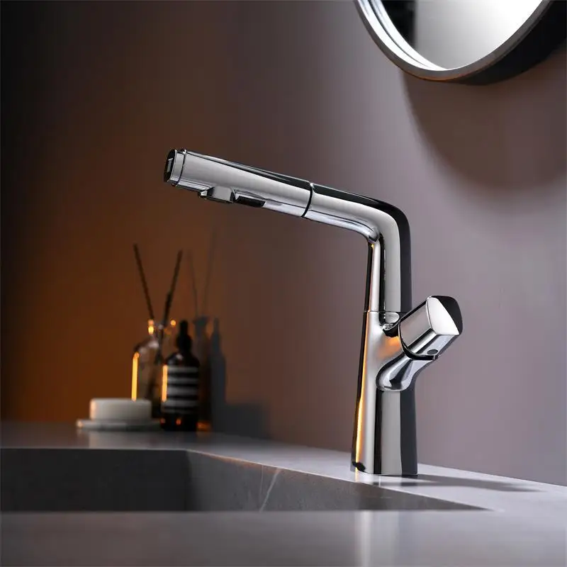 

Chrome Plated Pull-Out Faucet w/ 360 Swivel & Liftable Design, Dual Spray/Stream, Vanity Faucet, Lead-Free Brass, Water-Savin