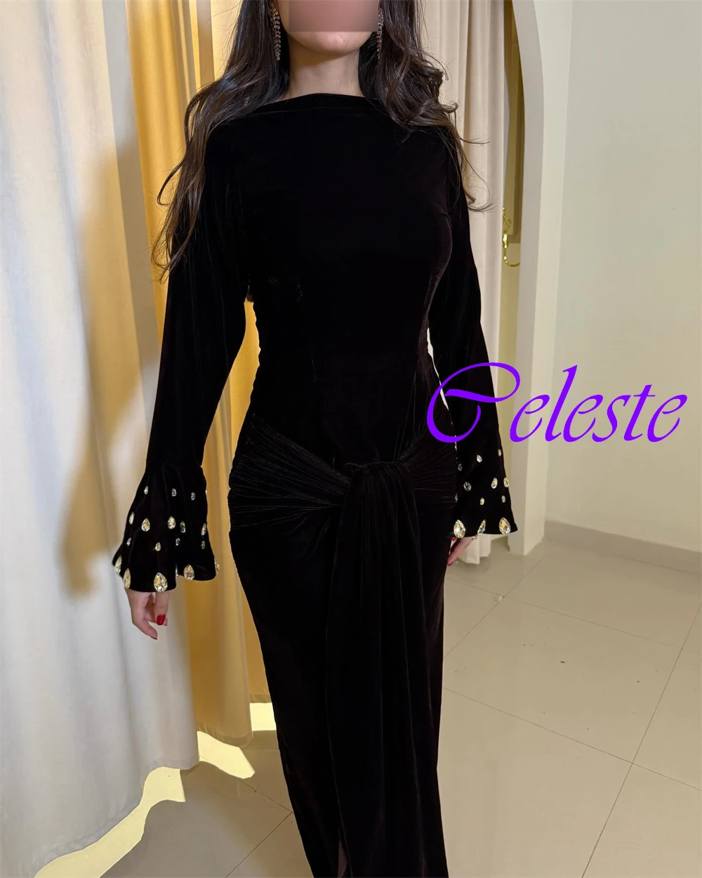 Customized Elegant Boat Neck Velour Evening Dress Classic Long Sleeves Prom Dresses Luxury Sequined Special Occasion Gowns