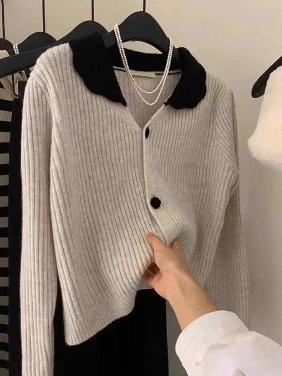 

Soft Cozy Bear Fur Neck Knitted Open Cardigan Women's Autumn Winter Loose Fit Sweater Jacket Korean Style Commute Pure C...