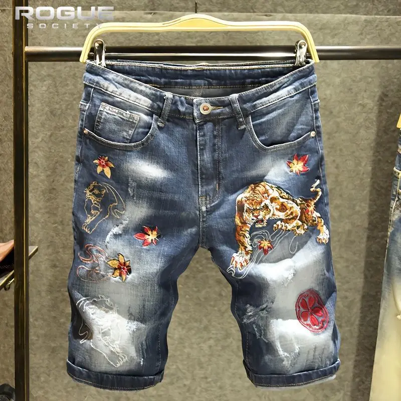 

Korean Summer Trendy Streetwear Embroidery Men Denim Jorts Broken Hole Straight Harajuku Hip Hop Casual Baggy Jeans Shorts Y2K