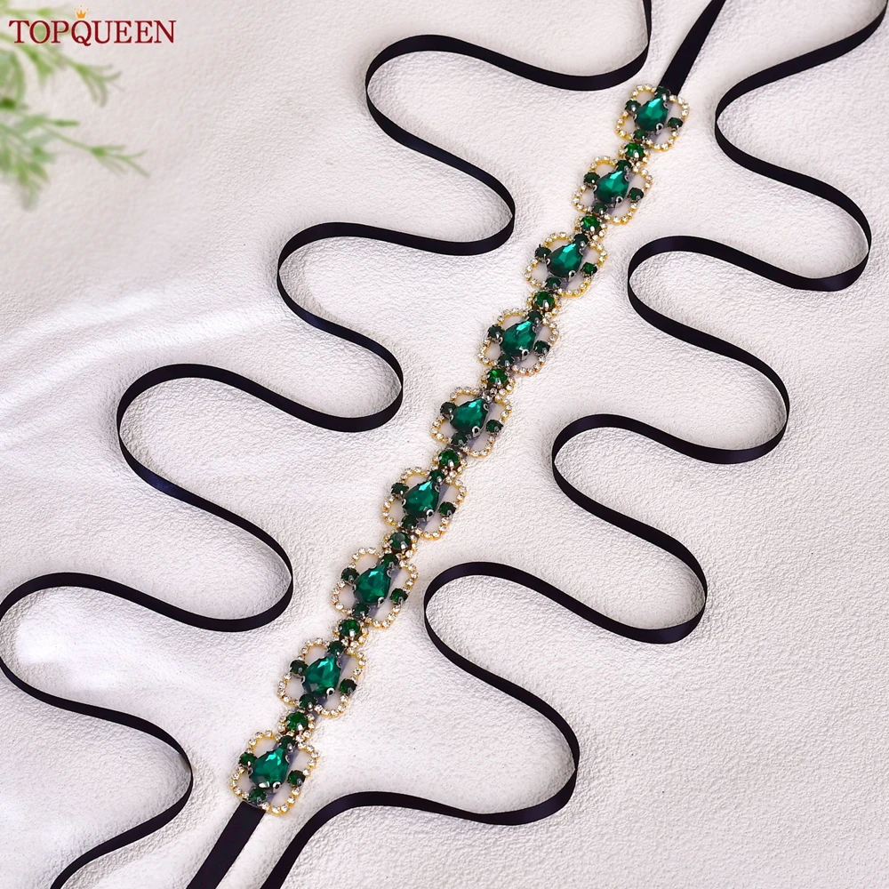 TOPQUEEN New Design Square Shape Green Rhinestone Bridal Belt Bridesmaid Waist Jewelry Wedding Important Event Dress Sash S218