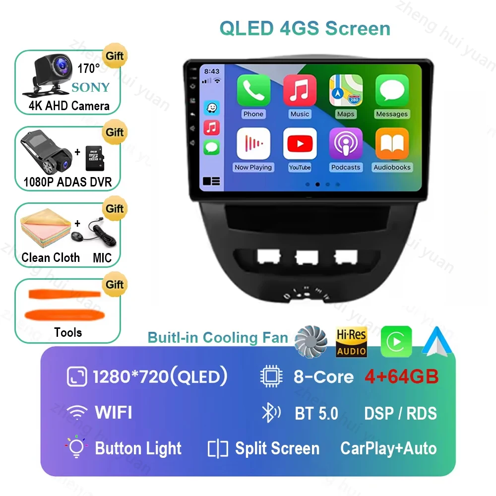 Voor Peugeot 107 Toyota Aygo Citroen C1 2005-2014 Android 16 Carplay & Auto Autoradio Navigatie Multimedia Stereo Speler BT QLED