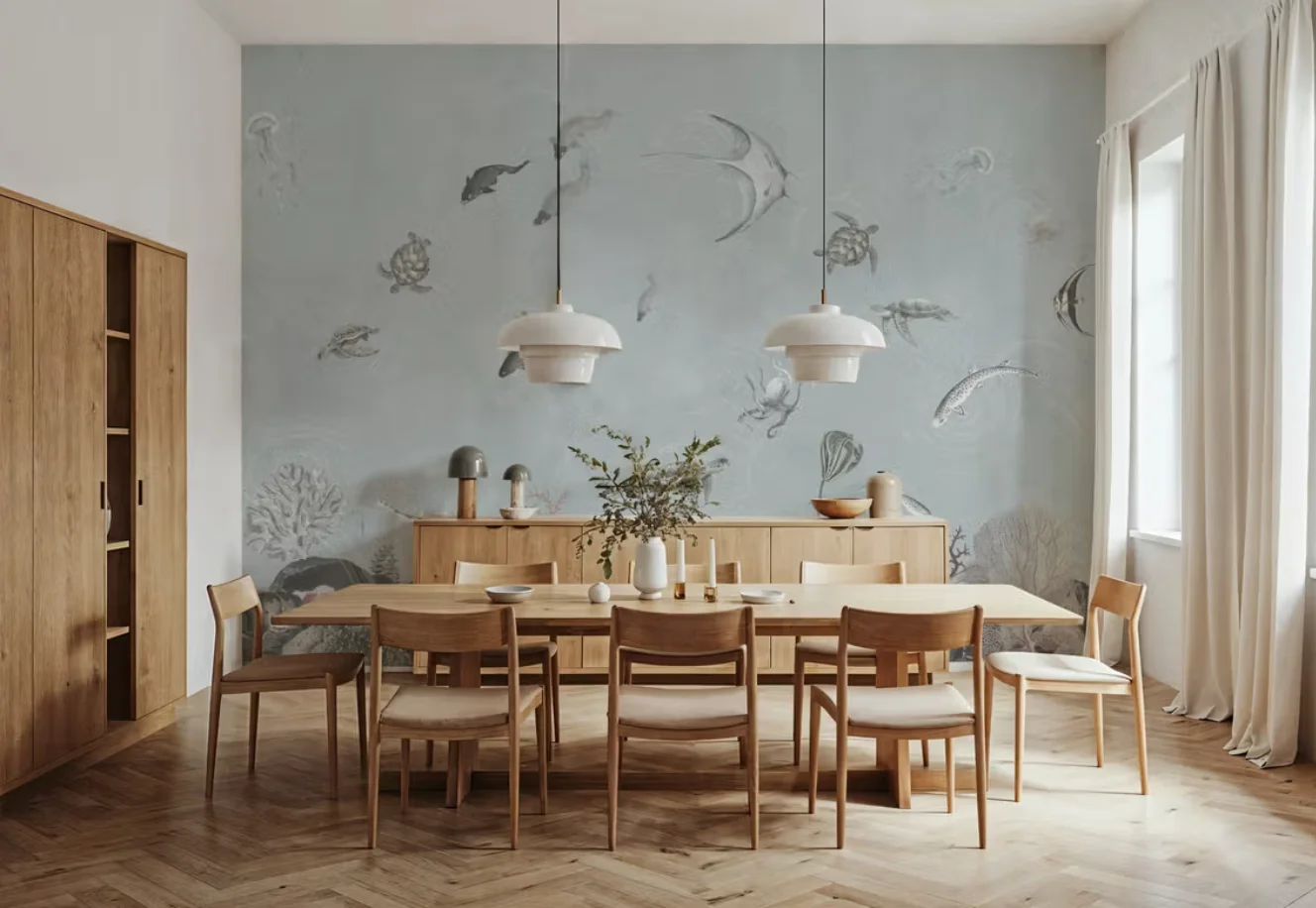 Custom sized murals featuring calm underwater worlds of jellyfish, turtles, and fish, octopuses, and coral reef decorations