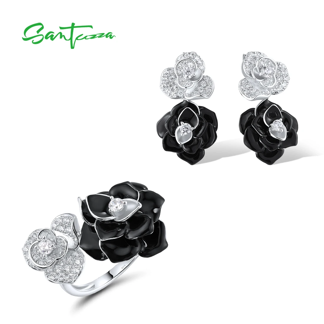 

SANTUZZA Authentic 925 Sterling Silver Jewelry Set For Women White CZ White & Black Flower Trendy Gift Wedding Fine Jewelry