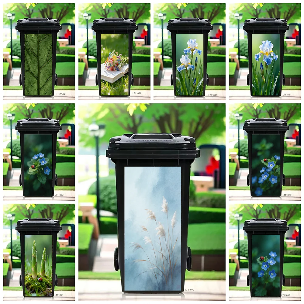 

Delicate Watercolor Flower Leaf Trash Can Sticker, Iris Bluebell Design Waterproof Removable Outdoor Garbage Bin Decor