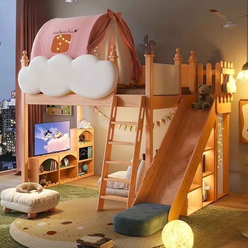 Bunk Half Tall Bunk Bed Solid Wood Princess Upper and Lower Bed Children's Room Tree House Slide Bed Girl