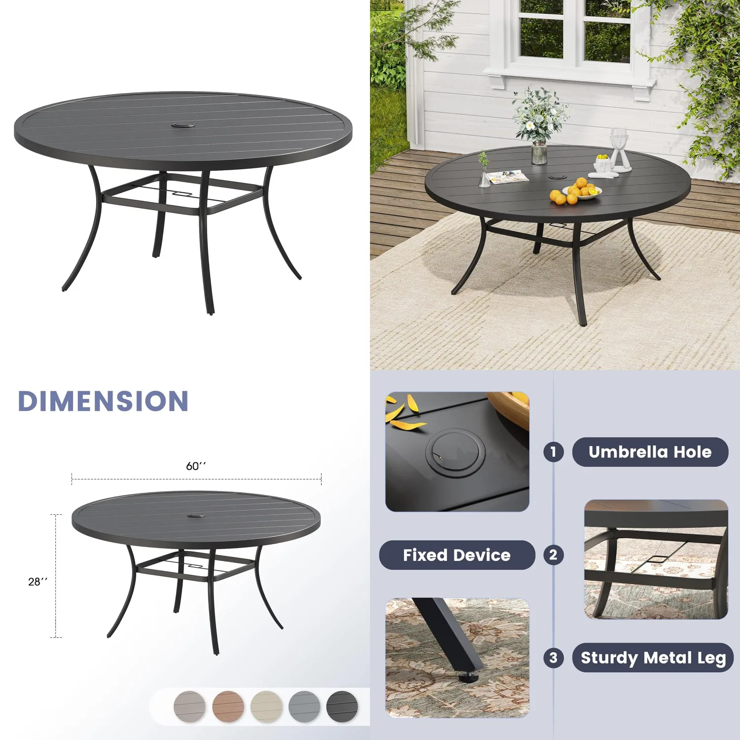 

60in Round Patio Dining Table Umbrella Hole Outdoor Garden Lawn Deck Backyard Customized