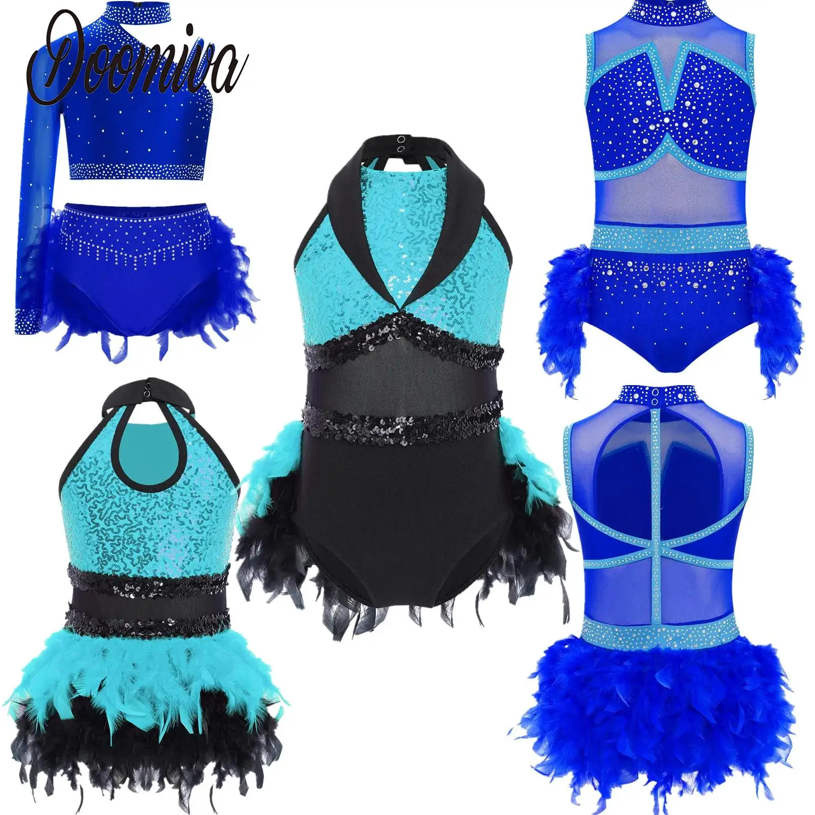 

Kids Girls Ballet Dance Rhinestones Leotards with Feather Skirt Dresses for Modern Lyrical Contemporary Performance Costumes