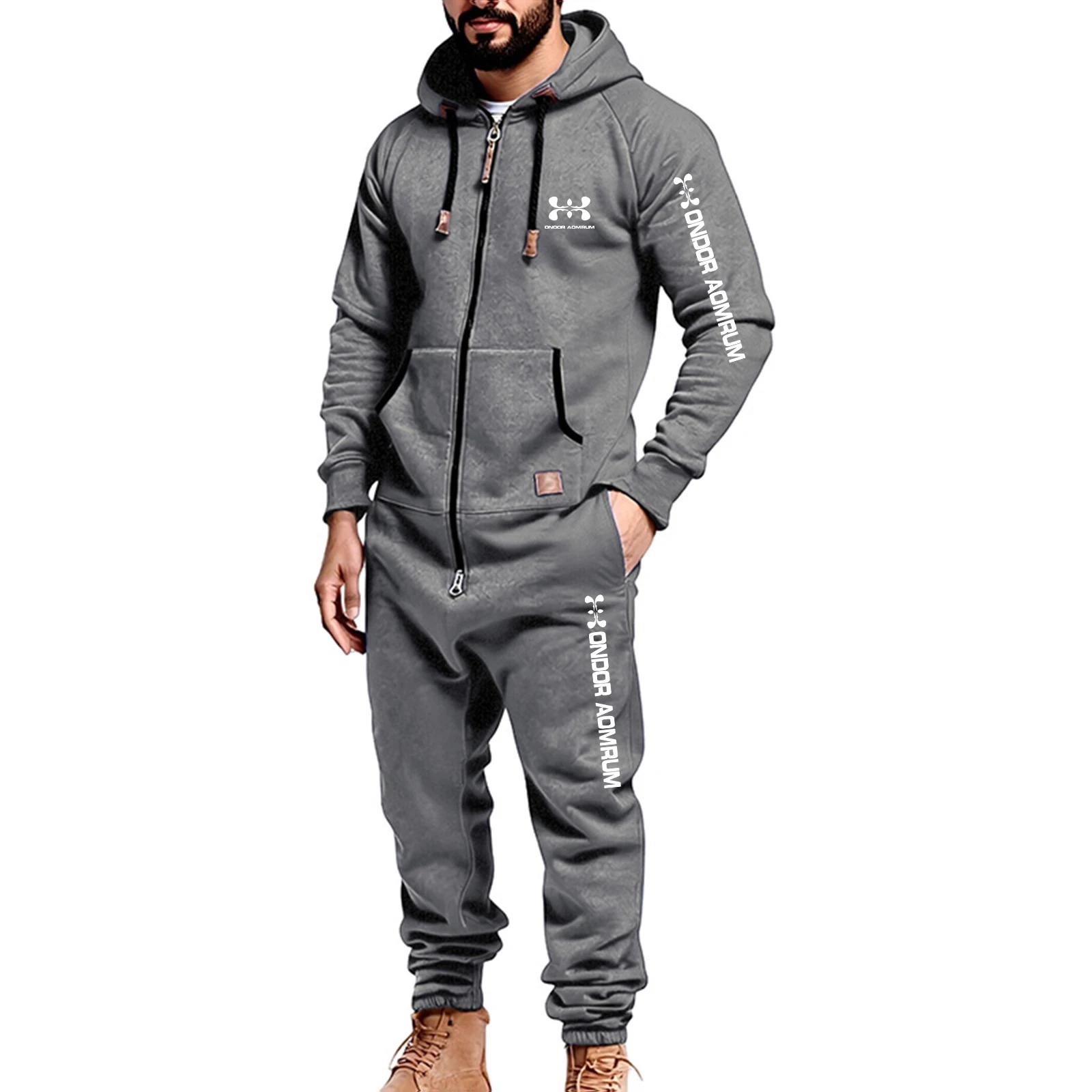 

Men's casual and fashionable printed one-piece pants with zipper pockets, warm outdoor autumn and winter clothing