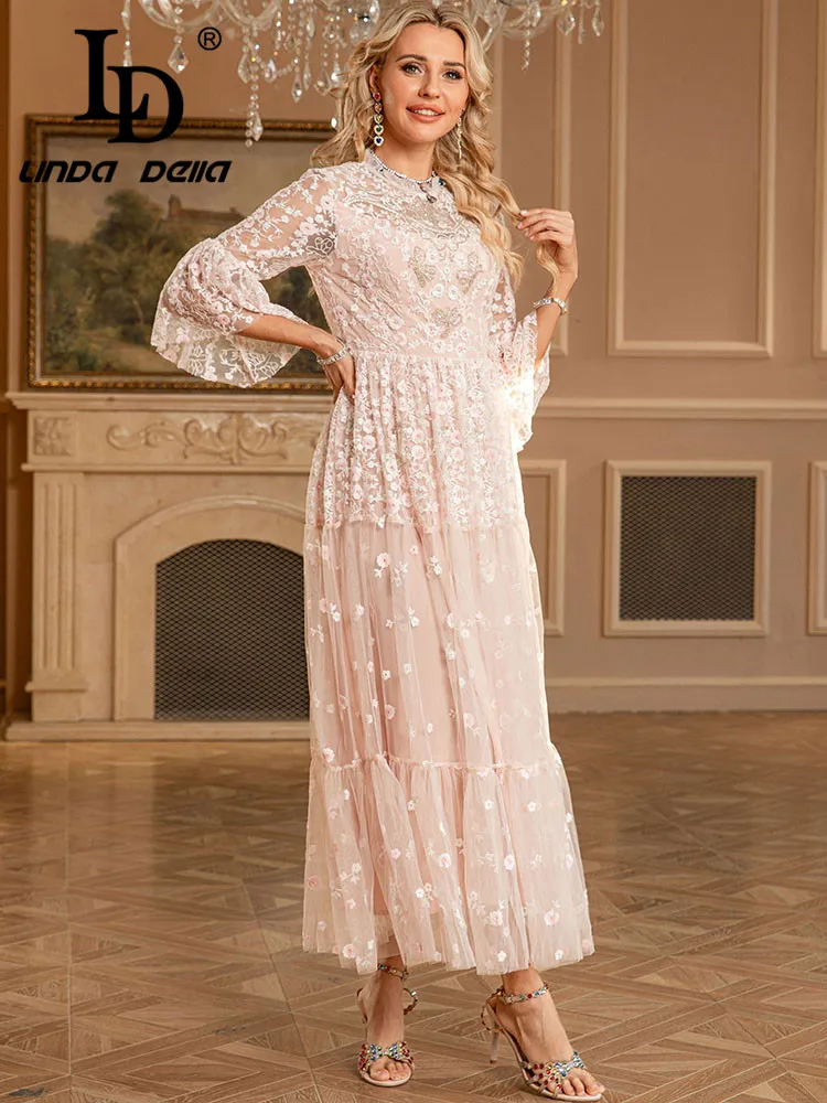LD LINDA DELLA 2025 ملابس نسائية جديدة للربيع والصيف مطرزة بالماس فستان مأدبة على طراز القصر #5