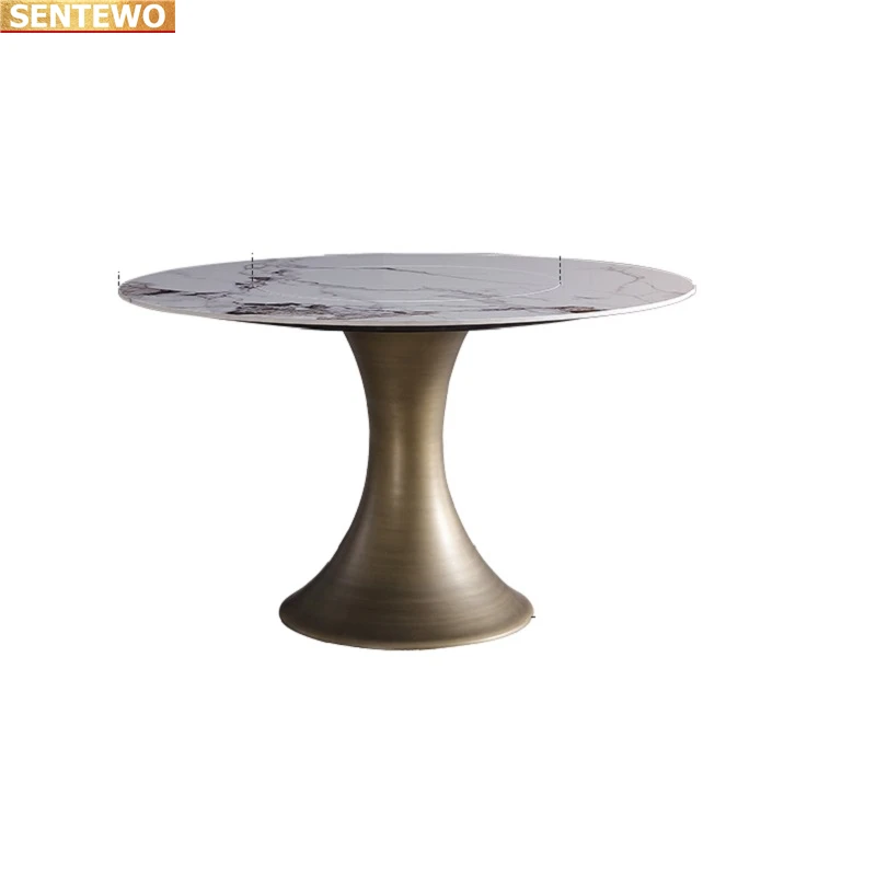 Designer Luxury round kitchen Marble Rock Slab dining table set 8 chairs mesa comedor furniture marbre Stainless steel gold base