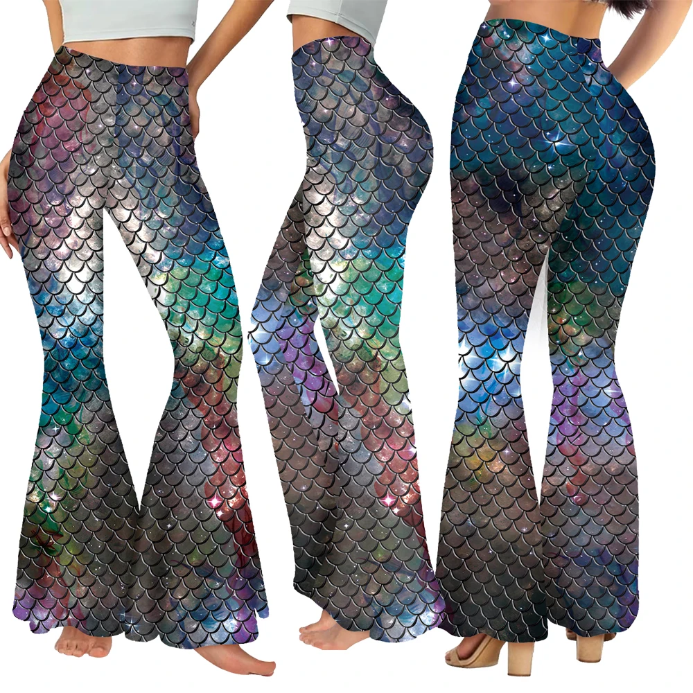 Fashion Mermaid Fish Scale Print Colorful Flared Pants Women Halloween Cosplay Party Carnival Costumes Bell Bottom Trousers