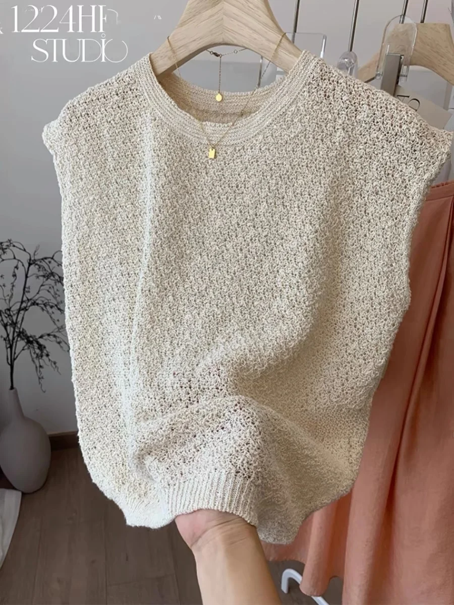 

Льняной вязаный ажурный жилет, женская летняя круглая верхняя одежда, топ для поездок на работу, обычный све, тонкий