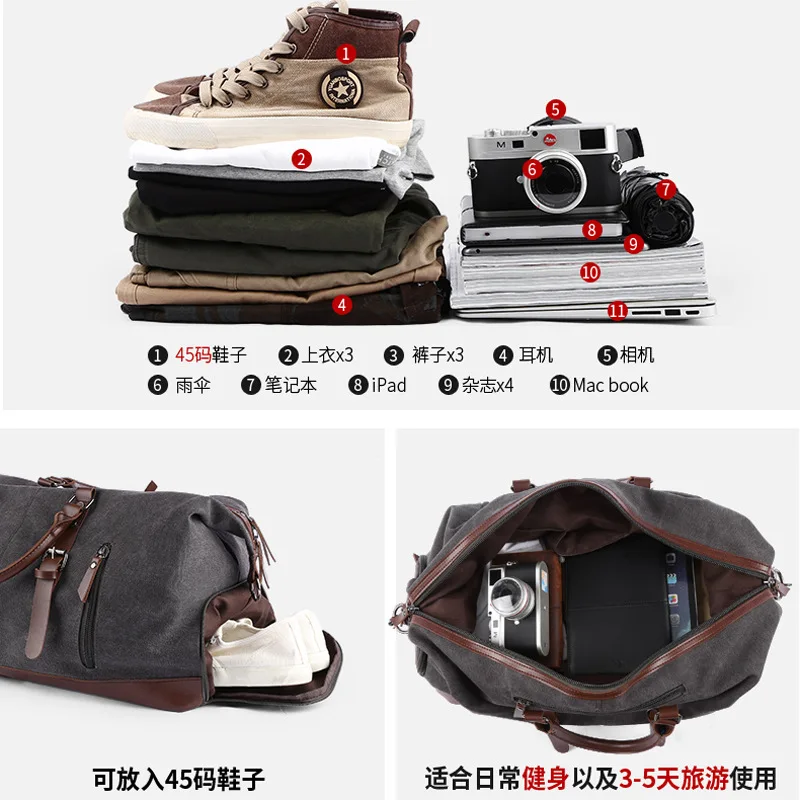 Retro canvas tote bag travel bag men's fashion trend large capacity short trip luggage bag shoulder backpack men