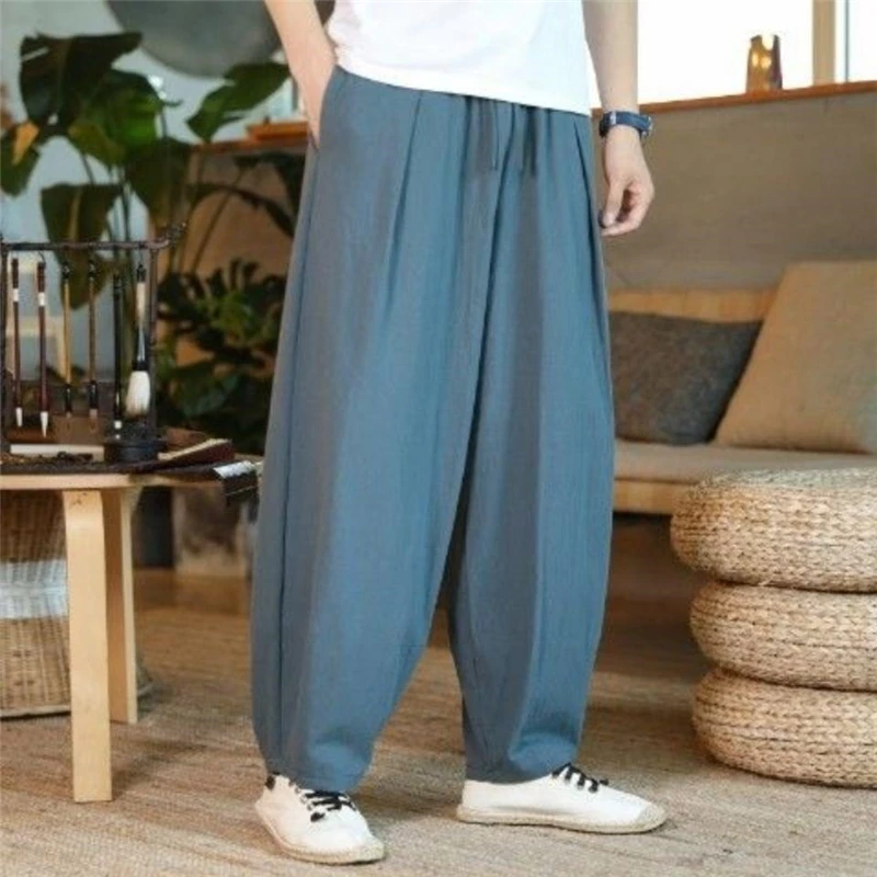 Pakaian pria musim panas longgar Hippie katun Linen celana Harem Y2K pria Streetwear Solid celana kaki lebar Retro celana kolor