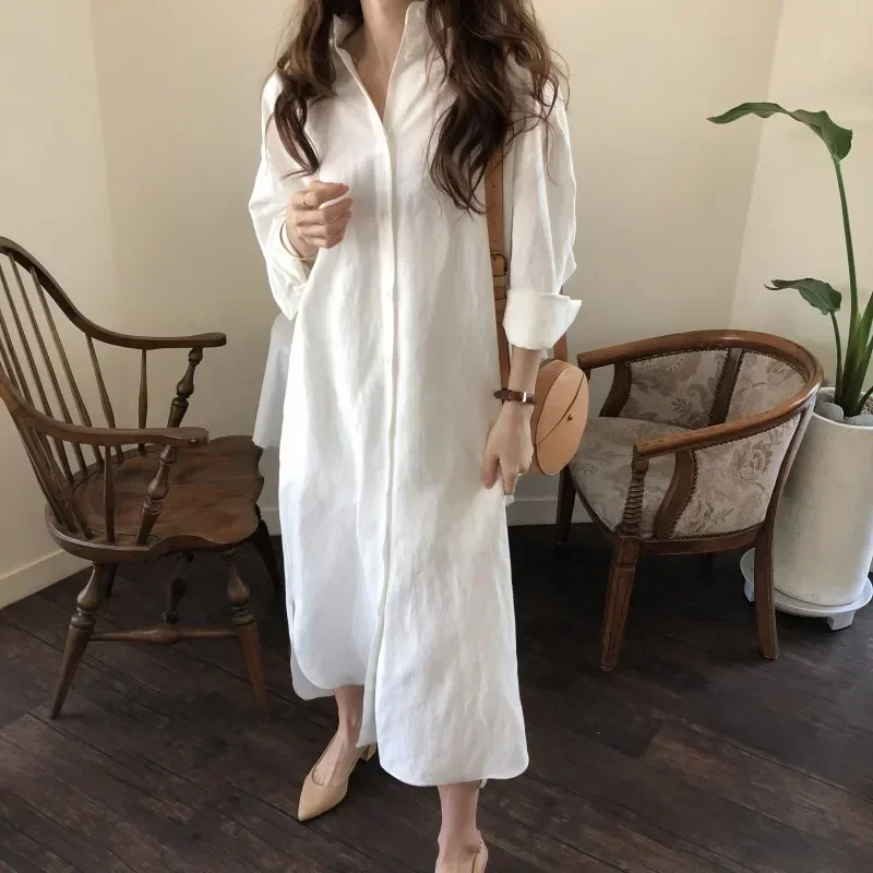 

Women Long Sleeve Long Shirt Dress Spring Casual Solid White Blue Cotton Dresses Buttons Loose Dresses Robe Femme Vestido 9649