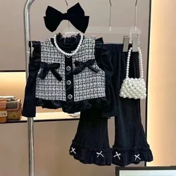 Girls' Spring and Autumn Set 2025 New Korean Version Baby Girl T-shirt+Vest+Bellbottom Pants Girls' Fashion 3-Piece Set
