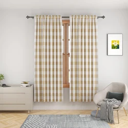 1pc farmhouse khaki grid through pole curtains, suitable for bedrooms, living rooms, and study rooms