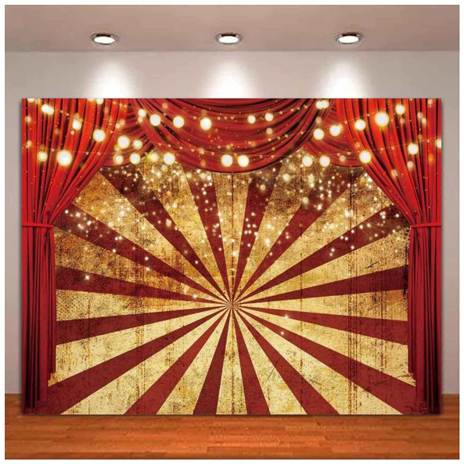 

Golden Glitter Red Curtain Photography Backdrop Circus Sparkle Stripes Background Baby Shower Birthday Party Cake Table Decor