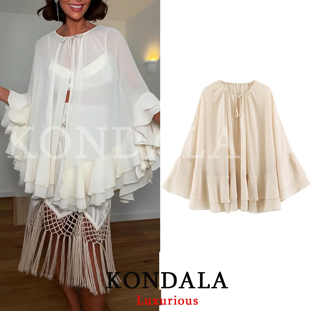 KONDALA Holiday Women Cape Top Tierred O-Neck Bow Long Sleeve Blouses Loose Top Fashion 2026 Summer Fall Night Out Chiffon Top