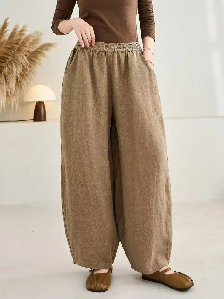 

Женские свободные брюки-фонарики с высокой талией из хлопка и льна, осенне-зимние, повседневные, в стиле арт-деко, длинные