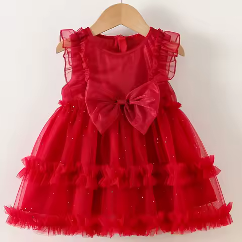 New Baby Girl Red Birthday Party Evening Dress Summer Butterfly Children's Clothing Sweet Shiny Toddler Clothing
