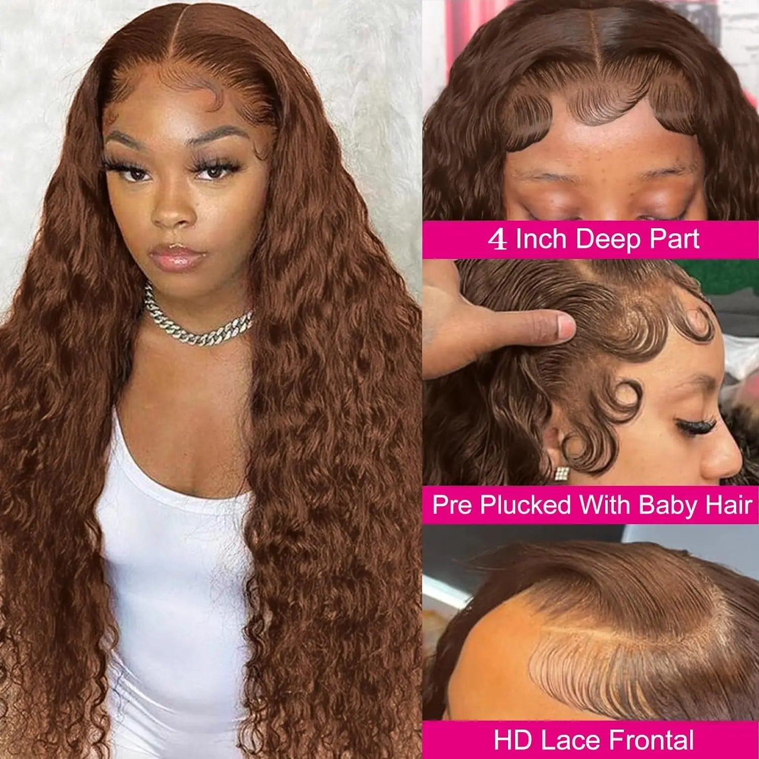 Perruque Lace Front Wig Deep Wave Brésilienne Naturelle, Cheveux Bouclés, Brun Chocolat, 13x4, 13x6, 30 Pouces, pour Femme