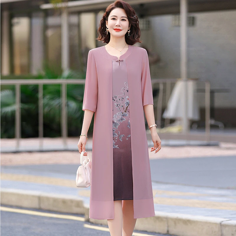 

Faionable Midi Skirt Dr for Middle-Aged Women Summer Sle Loose Fit Polyester Fiber Button Detail round Neline