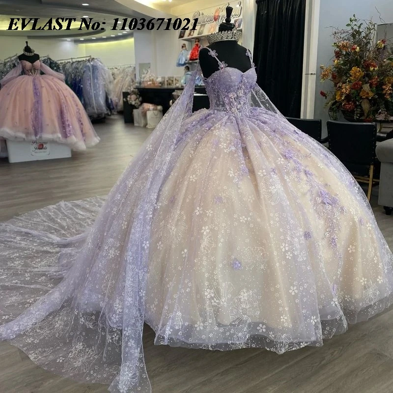 

EVLAST Glitter Lavender Quinceanera Dress Ball Gown Floral Applique Beaded With Cape Corset Sweet 16 Vestidos De XV 15 Anos SQ45