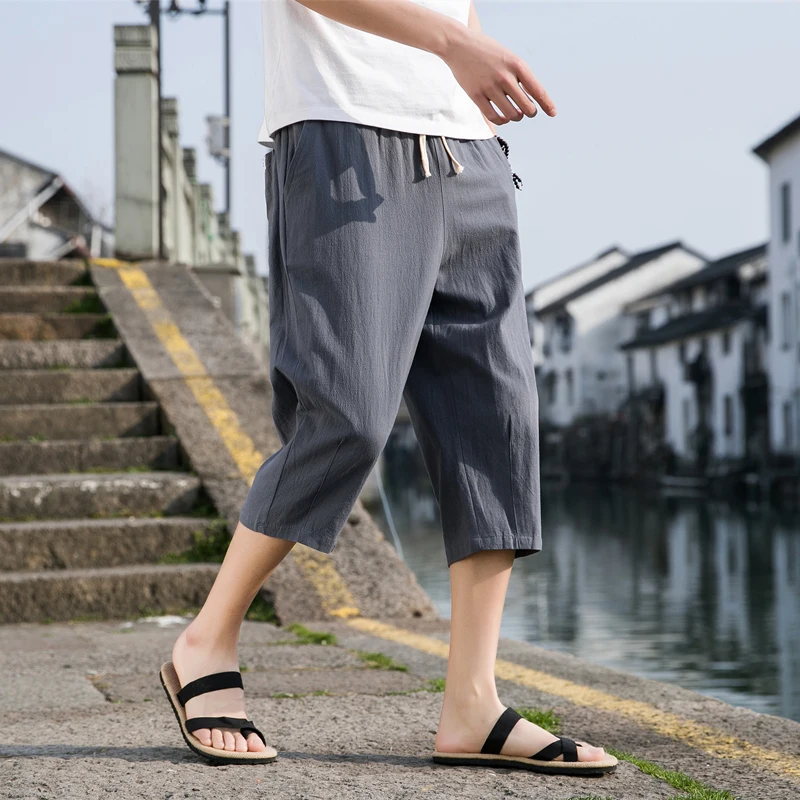 

Men's Summer Thin Linen orts Casual Loose Cotton Linen Beach Pants Trendy Brand Harajuku Sle Straight Leg mid Waist
