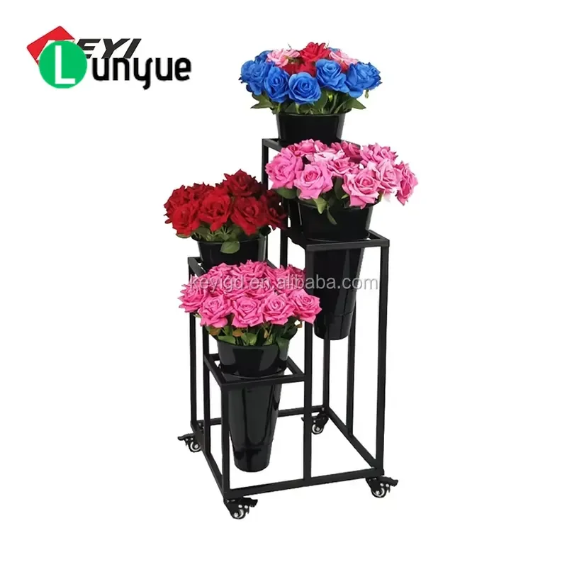 Removable Metal Flower Stand Multi-layer Display Rack with Casters and Bucket Free Standing Floral Arrangement Holder