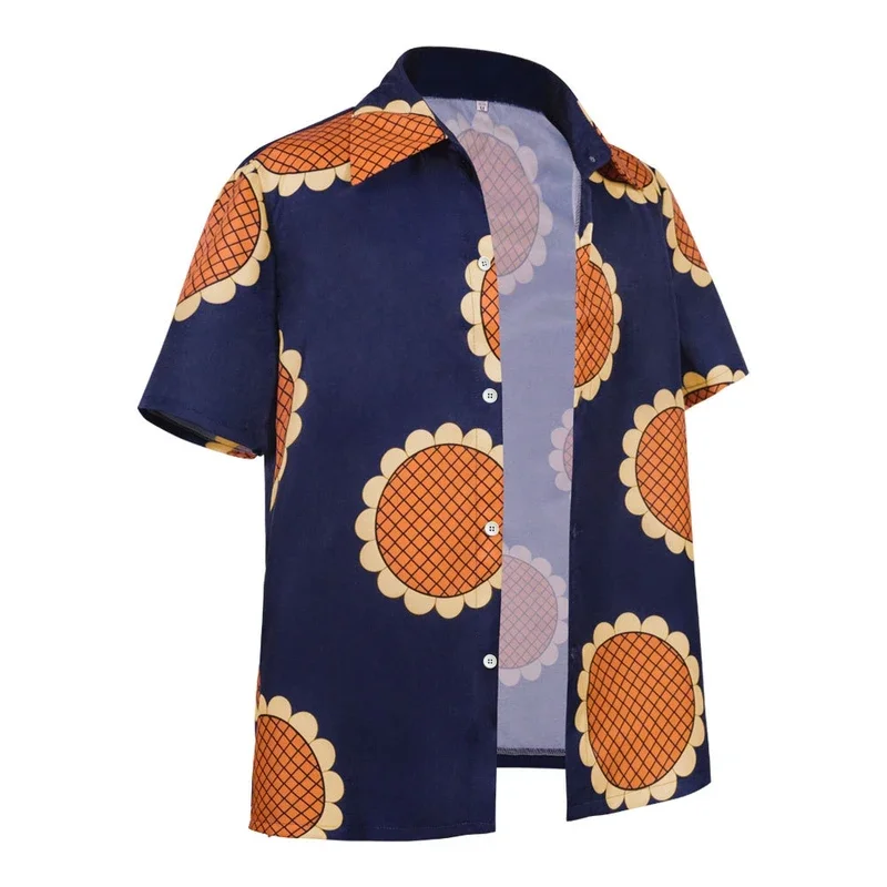 SN55Men أنيمي لوفي تأثيري قميص الصيف عباد الشمس طباعة الأزرق رداء علوي غير رسمي تي شيرت هالوين حفلة القرد D لوفي القش قبعة Sh$@1w