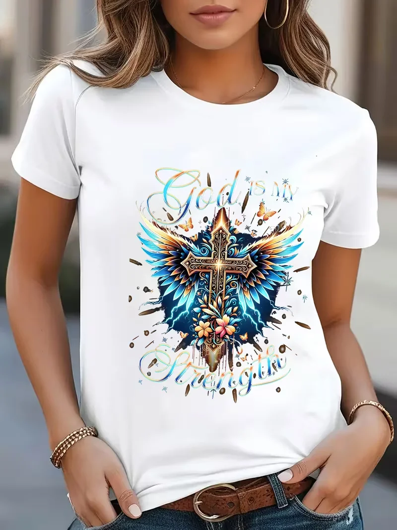 Women's Christian Faith T-shirt Short Sleeved Round Neck Top with Cross and Wing Design, Inspired By Religious Clothing  Tshirt