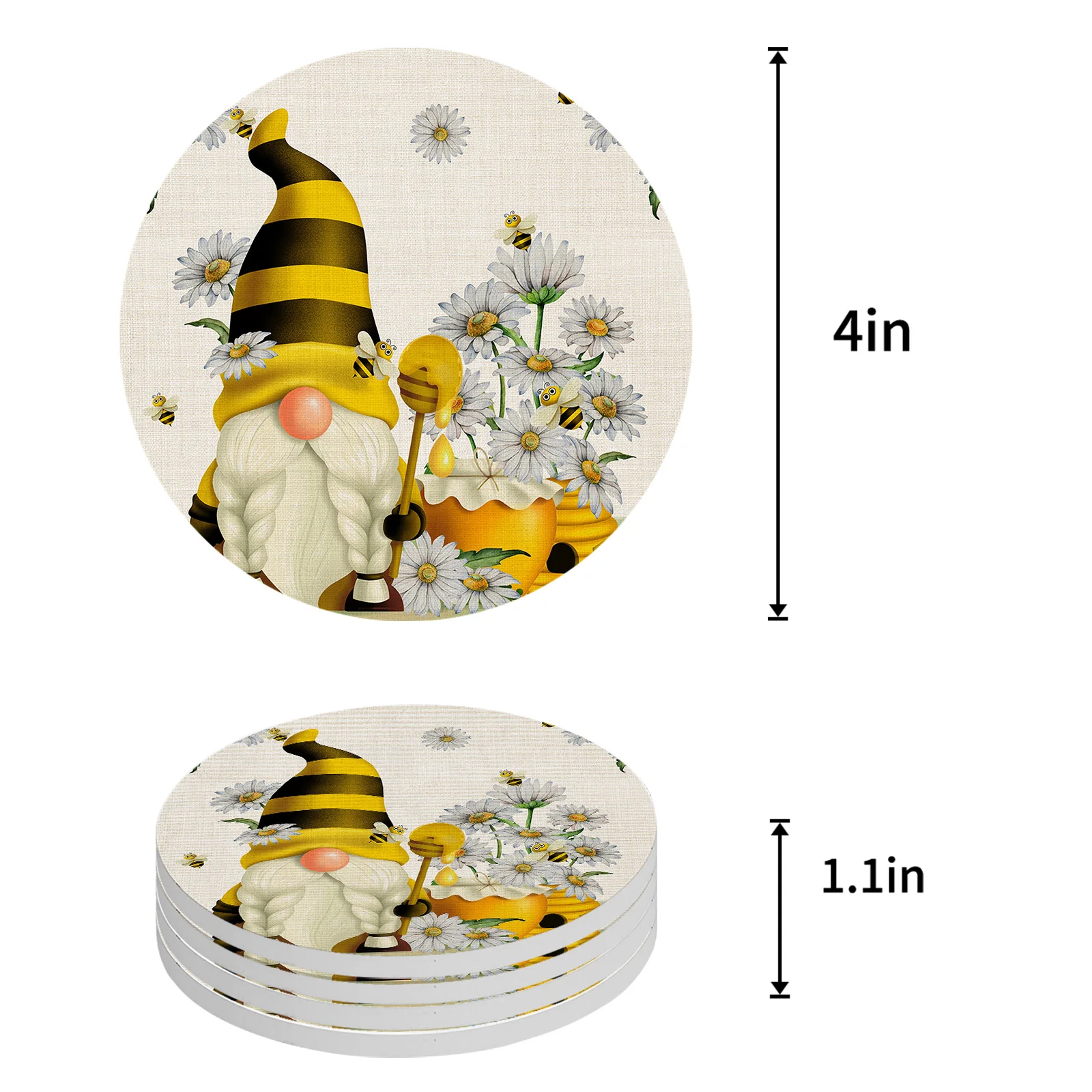 Pastoral Spring Bee Daisy Gnome Ceramic Coaster Set Kitchen Table Round Placemat Luxury Decor Coffee Tea Cup Coasters