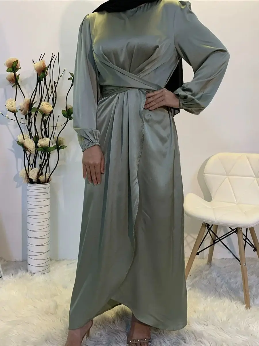 Eid Mubarak Abaya Dubai Turkey Satin Hijab Muslim Dress India European American Islam Clothing Dresses For Women Vestidos F1929