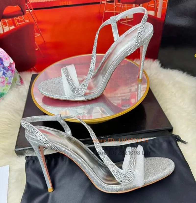 

Diamond Decoration Women's Stilettos 10Cm Heel Sandals Thin High Heel Female Buckle Straps Summer Silver Crystal Sandal Shoes