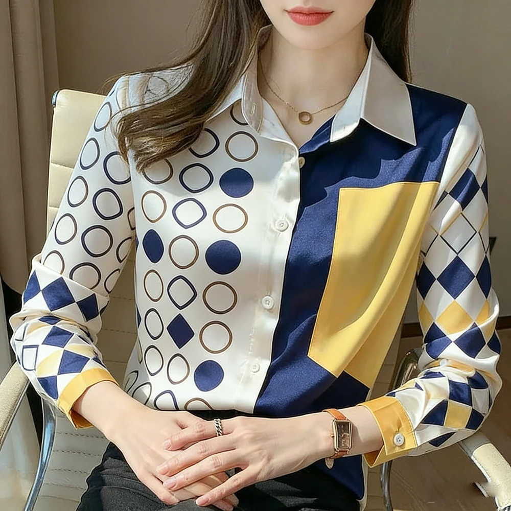 

Spring/Summer Women's Commuter Long Sleeved Shirt Fashion Printed Lapel Holiday Casual Shirt Elegant Women's Shirt