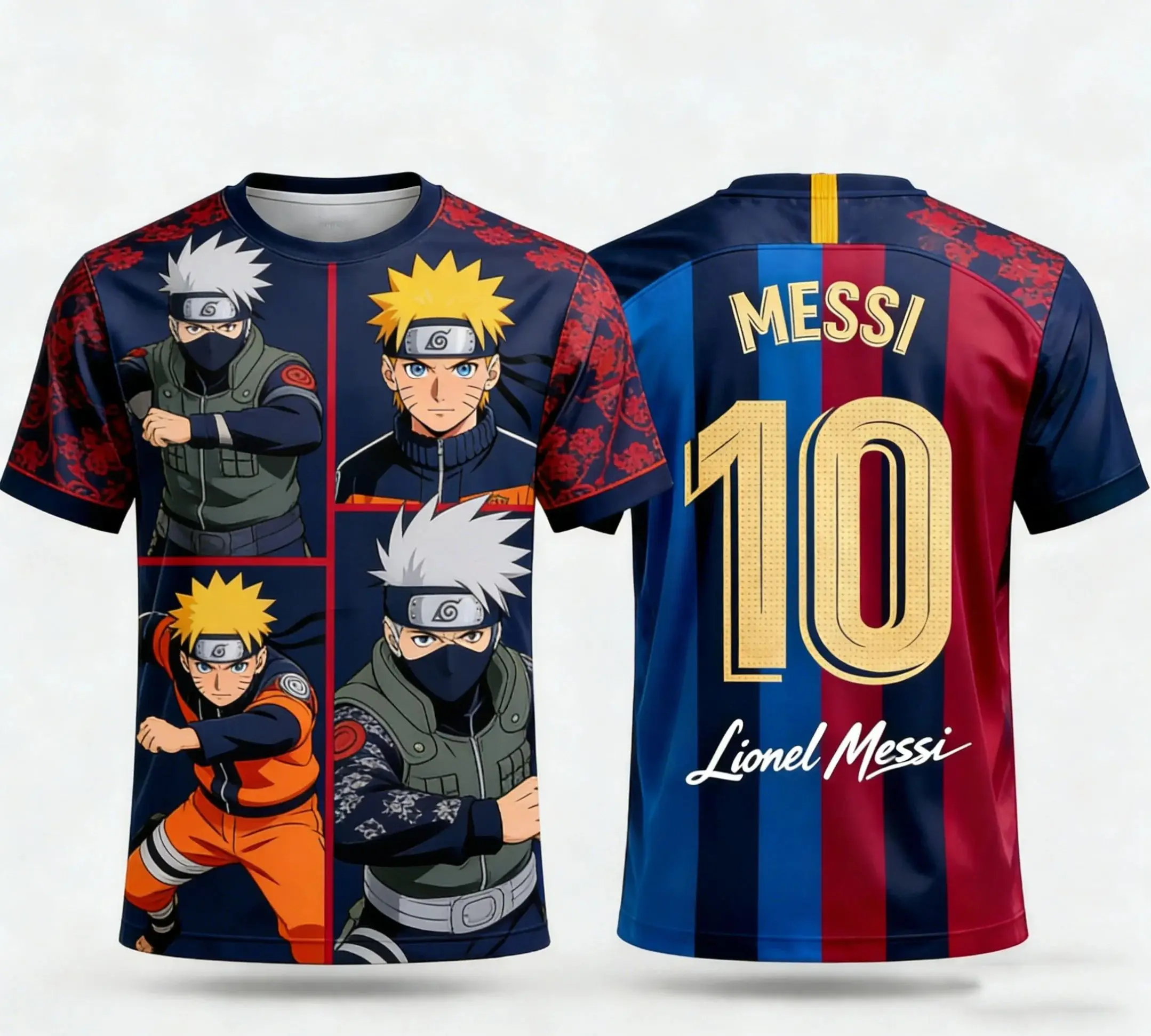 Summer Naruto X Messi Collaboration 3D Quick-Dry T-Shirt - Cartoon Anime Print Casual Sports Short Sleeve Breathable Ball Suit