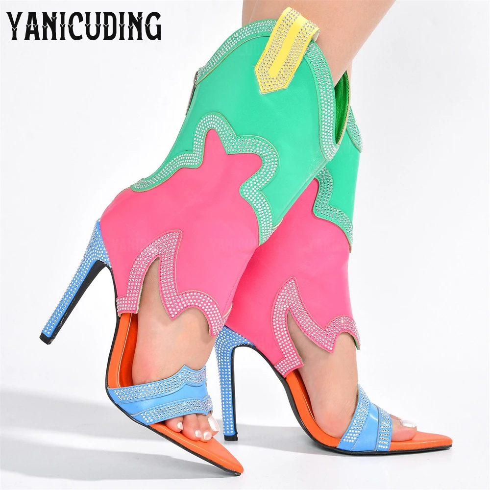 Skinny Rhinestone Western Summer Booties Open Toe High Heeled Sandals Pointed Stiletto Heel Luxurious Handmade Boots for Women