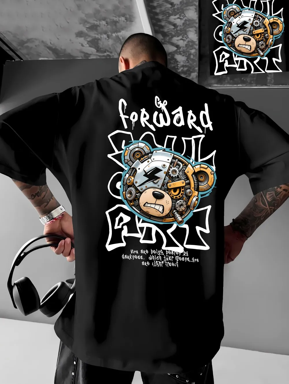 Camiseta de cuello redondo cómoda y transpirable con estampado de letras de oso mecánico de verano para hombres europeos y americanos top de calle al aire libre