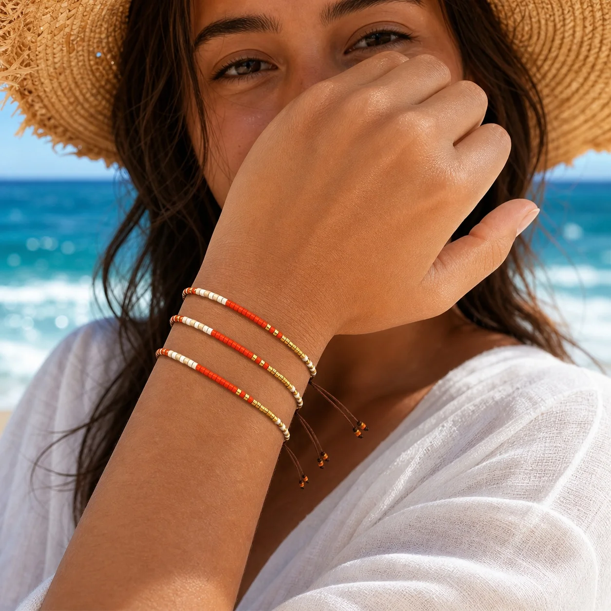 3pcs Adjustable Red White Glass Beaded String Bracelet with Tie Closure Boho Round Bead Beach Style for Women and Men