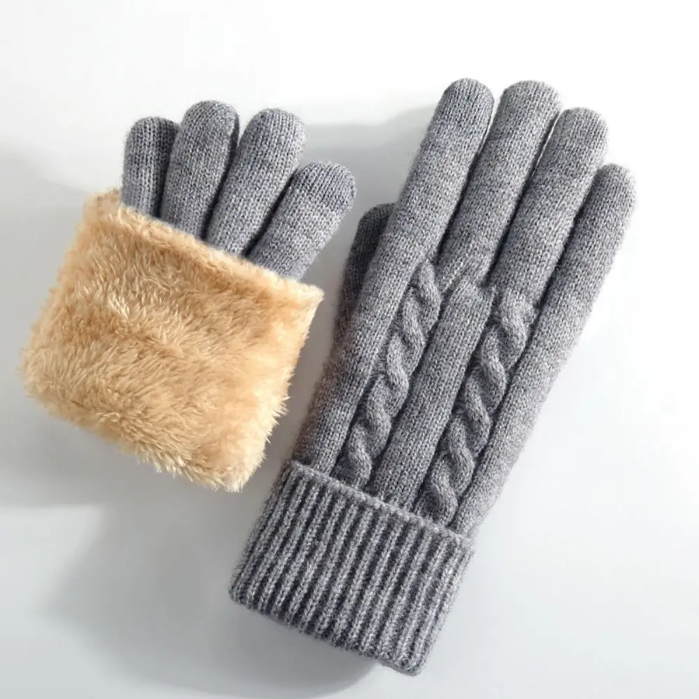 New Lamb Velvet Winter Gloves Cable Knit Fleece Lined Thermal Gloves Double Layer Touchscreen Gloves for Men Women