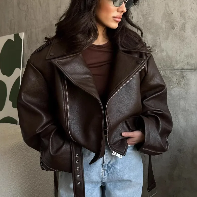 Elegante Vintage Braun Zipper Leder Kurze Jacke Frauen Chic Revers Lange Ärmeln Gürtel Lose Mäntel Herbst Highstreet frauen Mantel