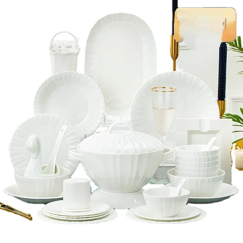 Jingdezhen Hotel Table Setting Bone China Tableware Suit Light Luxury High-End Housewarming Bowl and Dish Set Home